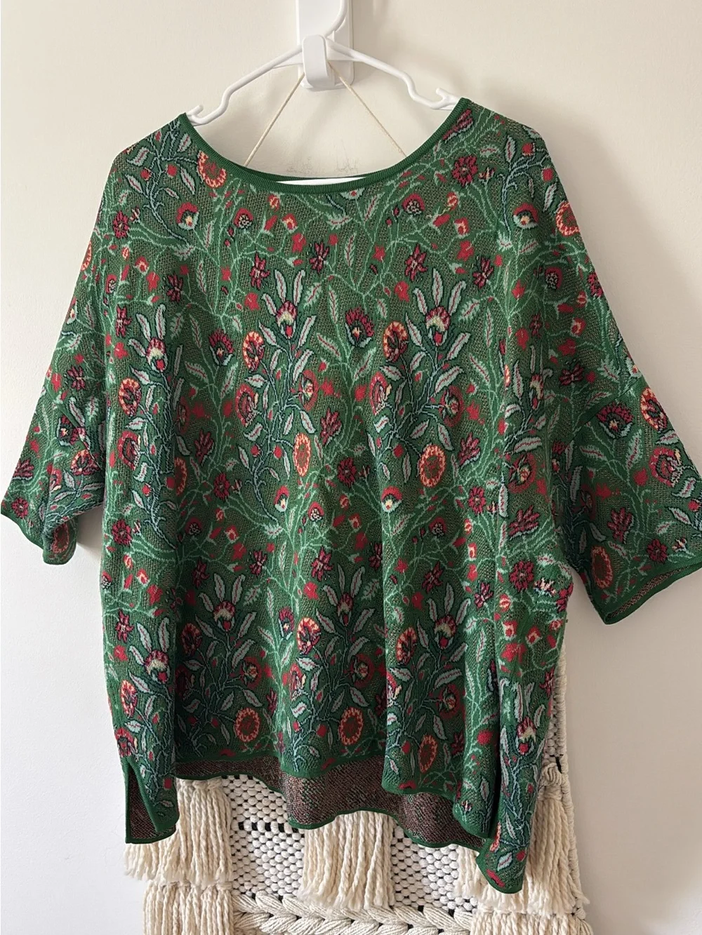 Peruvian Connection Pima Cotton Jacquard Floral Short Sleeve Sweater Large Boxy